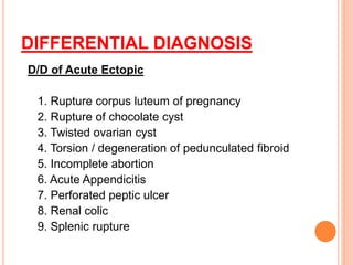 DIFFERENTIAL DIAGNOSIS
D/D of Acute Ectopic
1. Rupture corpus luteum of pregnancy
2. Rupture of chocolate cyst
3. Twisted ovarian cyst
4. Torsion / degeneration of pedunculated fibroid
5. Incomplete abortion
6. Acute Appendicitis
7. Perforated peptic ulcer
8. Renal colic
9. Splenic rupture
 