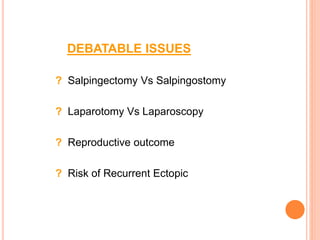 DEBATABLE ISSUES
? Salpingectomy Vs Salpingostomy
? Laparotomy Vs Laparoscopy
? Reproductive outcome
? Risk of Recurrent Ectopic
 