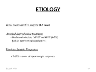 14
ETIOLOGY
Tubal reconstructive surgery (4-5 times)
Assisted Reproductive technique
- Ovulation induction, IVF-ET and GIFT (4-7%)
- Risk of heterotopic pregnancy(1%)
Previous Ectopic Pregnancy
- 7-15% chances of repeat ectopic pregnancy
31 JULY 2024
 