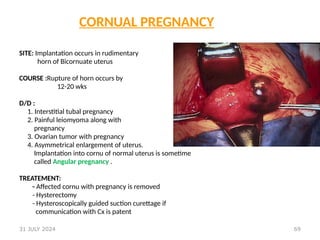 69
CORNUAL PREGNANCY
SITE: Implantation occurs in rudimentary
horn of Bicornuate uterus
COURSE :Rupture of horn occurs by
12-20 wks
D/D :
1. Interstitial tubal pregnancy
2. Painful leiomyoma along with
pregnancy
3. Ovarian tumor with pregnancy
4. Asymmetrical enlargement of uterus.
Implantation into cornu of normal uterus is sometime
called Angular pregnancy .
TREATEMENT:
- Affected cornu with pregnancy is removed
- Hysterectomy
- Hysteroscopically guided suction curettage if
communication with Cx is patent
31 JULY 2024
 