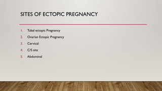 SITES OF ECTOPIC PREGNANCY
1. Tubal ectopic Pregnancy
2. Ovarian Ectopic Pregnancy
3. Cervical
4. C/S site
5. Abdominal
 