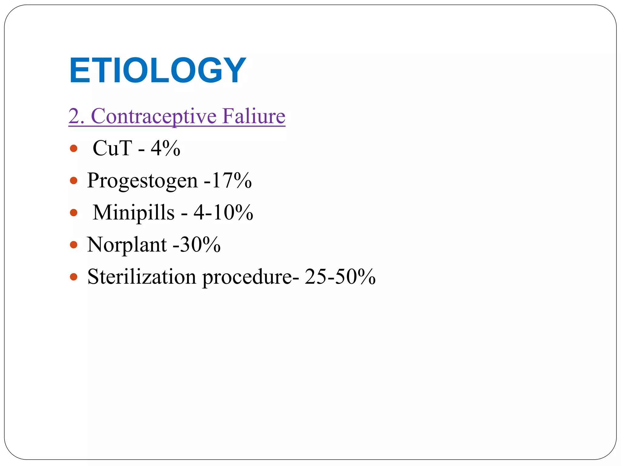 ETIOLOGY
2. Contraceptive Faliure
 CuT - 4%
 Progestogen -17%
 Minipills - 4-10%
 Norplant -30%
 Sterilization procedure- 25-50%
 