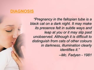 DIAGNOSIS 
““Pregnancy iinn tthhee ffaallllooppiiaann ttuubbee iiss aa 
bbllaacckk ccaatt oonn aa ddaarrkk nniigghhtt.. IItt mmaayy mmaakkee 
iittss pprreesseennccee ffeelltt iinn ssuubbttllee wwaayyss aanndd 
lleeaapp aatt yyoouu oorr iitt mmaayy sslliipp ppaasstt 
uunnoobbsseerrvveedd.. AAlltthhoouugghh iitt iiss ddiiffffiiccuulltt ttoo 
ddiissttiinngguuiisshh ffrroomm ccaattss ooff ootthheerr ccoolloouurrss 
iinn ddaarrkknneessss,, iilllluummiinnaattiioonn cclleeaarrllyy 
iiddeennttiiffiieess iitt..”” 
----MMcc.. FFaaddyyeenn -- 11998811 
 