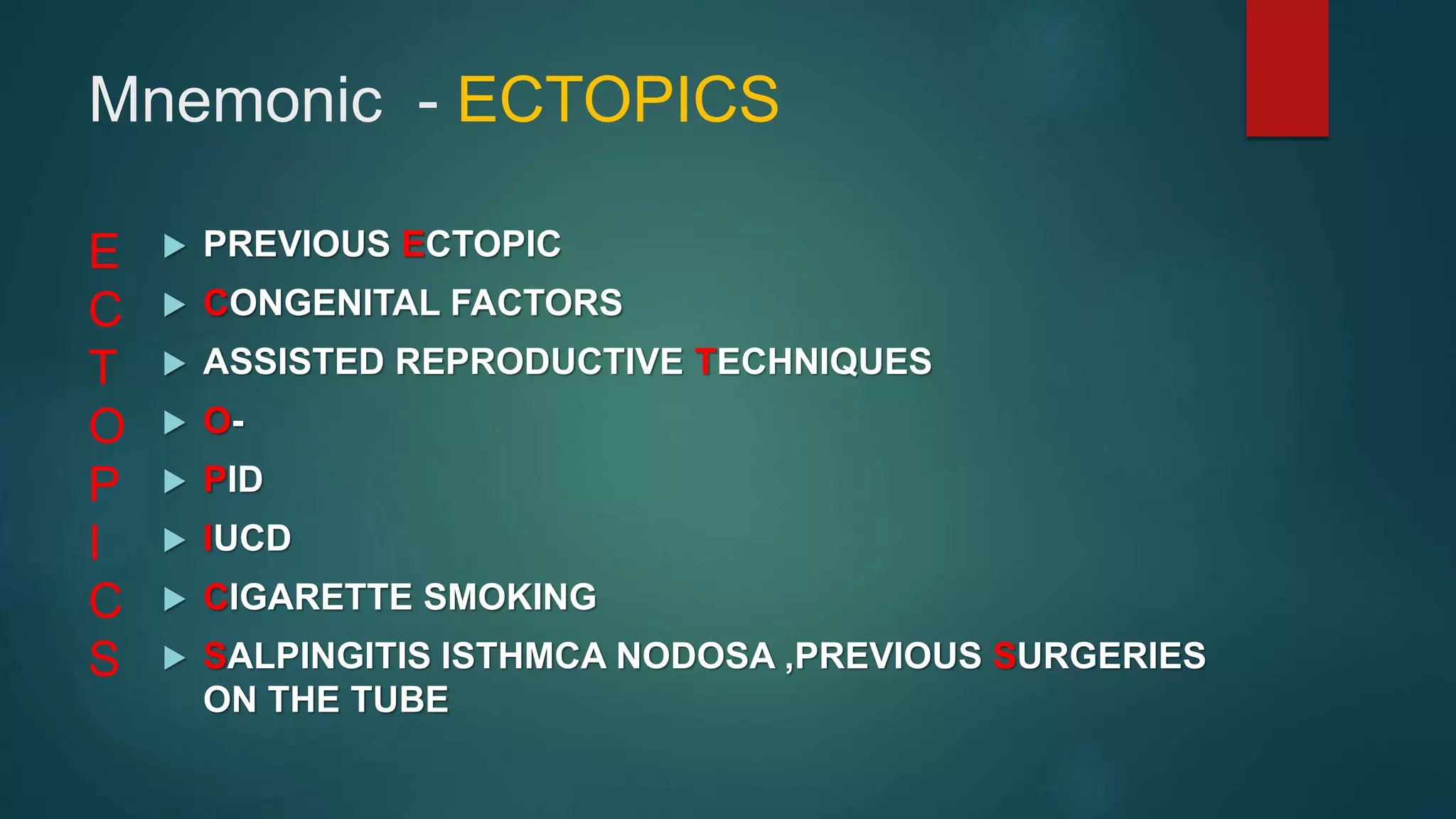Mnemonic - ECTOPICS
 PREVIOUS ECTOPIC
 CONGENITAL FACTORS
 ASSISTED REPRODUCTIVE TECHNIQUES
 O-
 PID
 IUCD
 CIGARETTE SMOKING
 SALPINGITIS ISTHMCA NODOSA ,PREVIOUS SURGERIES
ON THE TUBE
E
C
T
O
P
I
C
S
 
