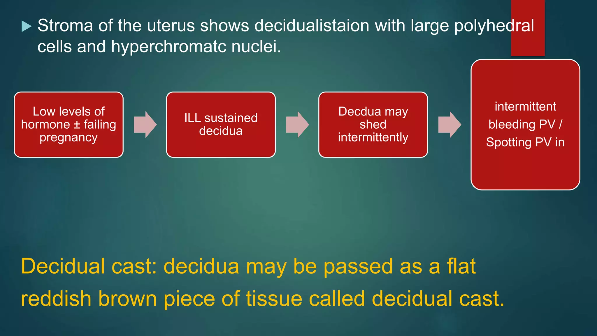  Stroma of the uterus shows decidualistaion with large polyhedral
cells and hyperchromatc nuclei.
Decidual cast: decidua may be passed as a flat
reddish brown piece of tissue called decidual cast.
Low levels of
hormone ± failing
pregnancy
ILL sustained
decidua
Decdua may
shed
intermittently
intermittent
bleeding PV /
Spotting PV in
 