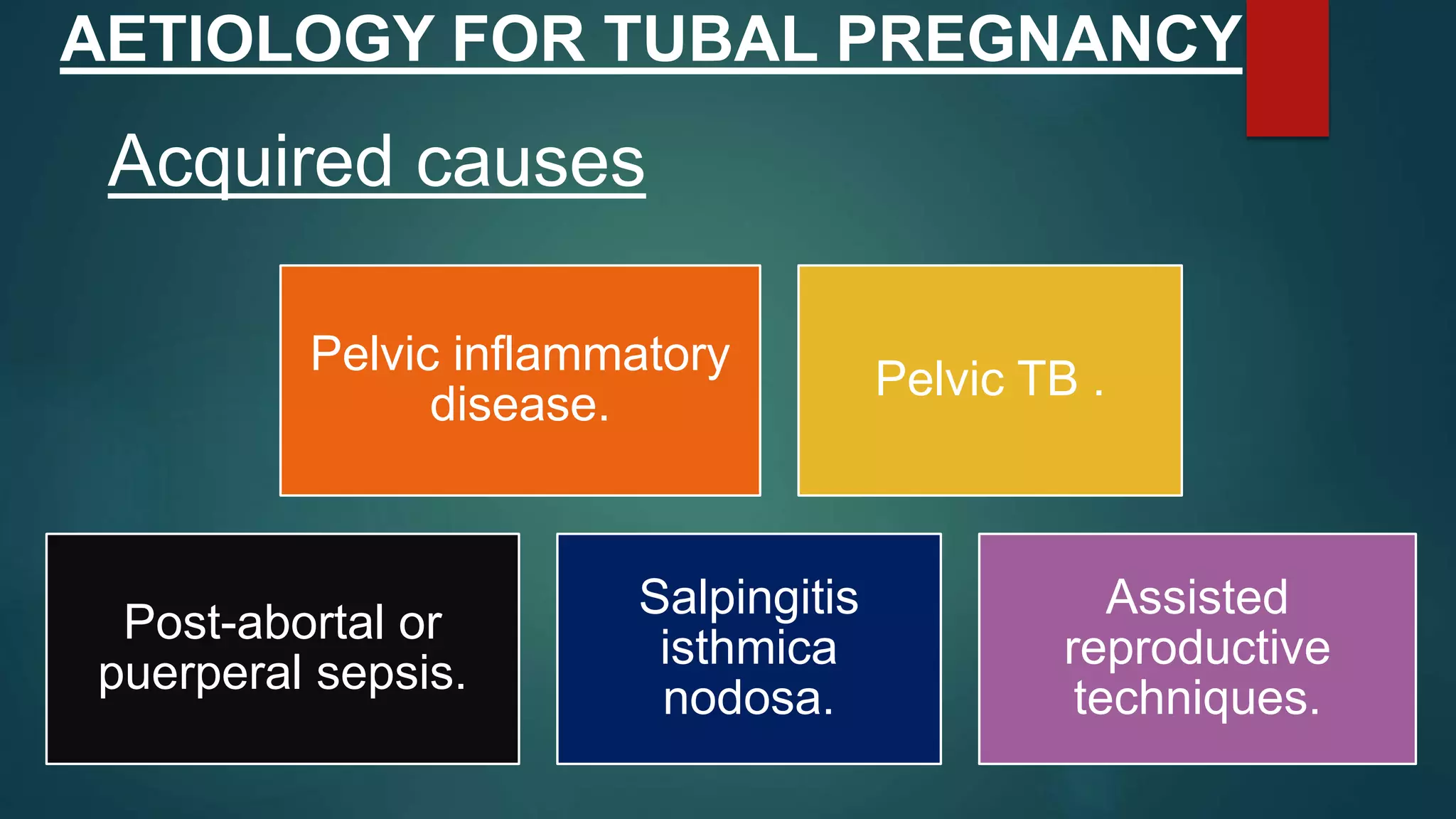 AETIOLOGY FOR TUBAL PREGNANCY
Acquired causes
Pelvic inflammatory
disease.
Pelvic TB .
Post-abortal or
puerperal sepsis.
Salpingitis
isthmica
nodosa.
Assisted
reproductive
techniques.
 