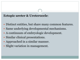 Ectopic ureter & Ureterocele:
 Distinct entities, but share many common features.
 Same underlying developmental mechanisms.
 A continuum of embryologic development.
 Similar clinical presentations.
 Approached in a similar manner.
 Slight variation in management.
 