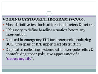 VOIDING CYSTOURETHROGRAM (VCUG):
 Most definitive test for bladder,distal ureters &urethra.
 Obligatory to define baseline situation before any
intervention.
 Omitted in emergency TUI for ureterocele producing
BOO, urosepsis or B/L upper tract obstruction.
 Duplicated collecting systems with lower-pole reflux &
nonrefluxing upper pole, give appearance of a
"drooping lily“.
 