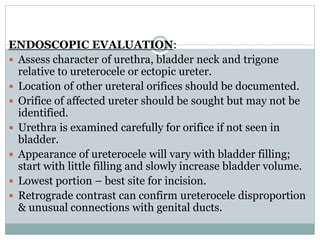 ENDOSCOPIC EVALUATION:
 Assess character of urethra, bladder neck and trigone
relative to ureterocele or ectopic ureter.
 Location of other ureteral orifices should be documented.
 Orifice of affected ureter should be sought but may not be
identified.
 Urethra is examined carefully for orifice if not seen in
bladder.
 Appearance of ureterocele will vary with bladder filling;
start with little filling and slowly increase bladder volume.
 Lowest portion – best site for incision.
 Retrograde contrast can confirm ureterocele disproportion
& unusual connections with genital ducts.
 