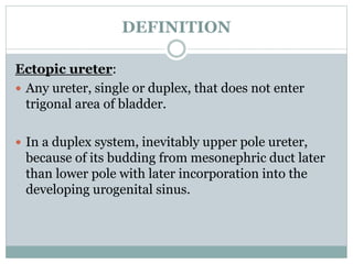 DEFINITION
Ectopic ureter:
 Any ureter, single or duplex, that does not enter
trigonal area of bladder.
 In a duplex system, inevitably upper pole ureter,
because of its budding from mesonephric duct later
than lower pole with later incorporation into the
developing urogenital sinus.
 