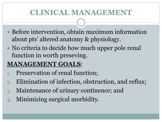 CLINICAL MANAGEMENT
 Before intervention, obtain maximum information
about pts’ altered anatomy & physiology.
 No criteria to decide how much upper pole renal
function in worth preseving.
MANAGEMENT GOALS:
1. Preservation of renal function;
2. Elimination of infection, obstruction, and reflux;
3. Maintenance of urinary continence; and
4. Minimizing surgical morbidity.
 