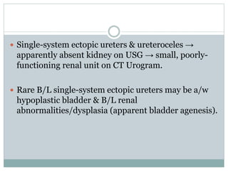  Single-system ectopic ureters & ureteroceles →
apparently absent kidney on USG → small, poorly-
functioning renal unit on CT Urogram.
 Rare B/L single-system ectopic ureters may be a/w
hypoplastic bladder & B/L renal
abnormalities/dysplasia (apparent bladder agenesis).
 