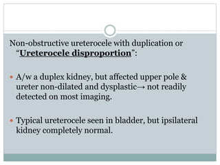 URETEROCELE DISPROPORTION
Ureterocele disproportion
demonstrated via retrograde
pyelography.
Note the disparity between th...