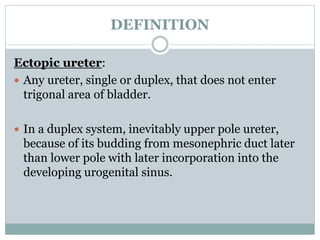 DEFINITION
Ectopic ureter:
 Any ureter, single or duplex, that does not enter
trigonal area of bladder.
 In a duplex sys...