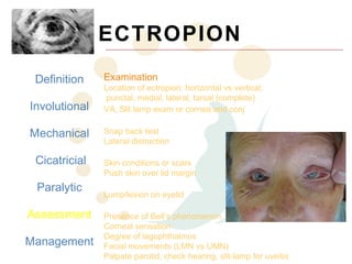 ECTROPION
 Definition    Examination
               Location of ectropion: horizontal vs vertical,
               punctal, medial, lateral, tarsal (complete)
Involutional   VA, Slit lamp exam or cornea and conj
               Involutional
Mechanical     Snap back test
               Lateral distraction
               Cicatricial
 Cicatricial   Skin conditions or scars
               Push skin over lid margin
 Paralytic     Mechanical
               Lump/lesion on eyelid
               Paralytic
Assessment     Presence of Bell’s phenomenon
               Corneal sensation
               Degree of lagophthalmos
Management     Facial movements (LMN vs UMN)
               Palpate parotid, check hearing, slit-lamp for uveitis
 