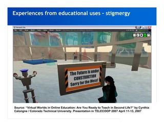 Experiences from educational uses – stigmergy




Source: “Virtual Worlds in Online Education: Are You Ready to Teach in Second Life?” by Cynthia
Calongne / Colorado Technical University. Presentation in TELECOOP 2007 April 11-13, 2007
 