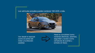 Los vehículos actuales pueden contener 100 UCE o más.
Van desde lo esencial
(como el control del
motor y la dirección
asistida)
Hasta la comodidad (como
ventanas eléctricas, asientos),
seguridad y acceso (como
cerraduras de puertas y
entrada sin llave)
 