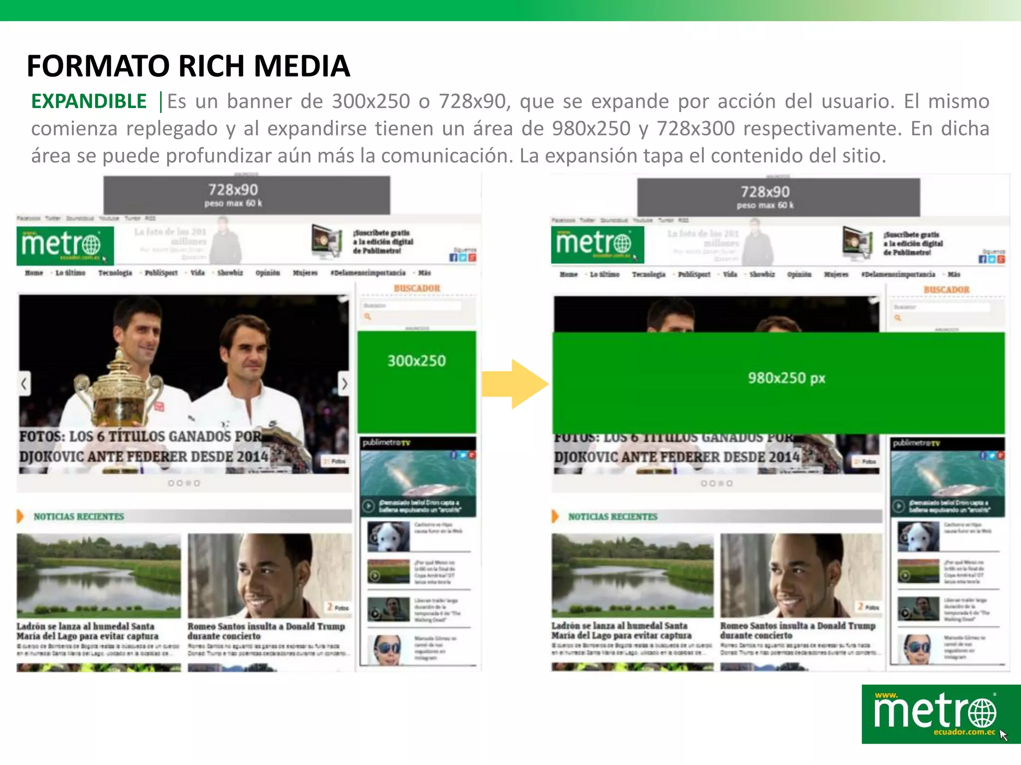FORMATO RICH MEDIA
EXPANDIBLE │Es un banner de 300x250 o 728x90, que se expande por acción del usuario. El mismo
comienza replegado y al expandirse tienen un área de 980x250 y 728x300 respectivamente. En dicha
área se puede profundizar aún más la comunicación. La expansión tapa el contenido del sitio.