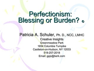 Perfectionism:  Blessing or Burden?    Patricia A. Schuler,  Ph. D., NCC, LMHC Creative Insights Greenmeadow Park 1654 Columbia Turnpike Castleton-on-Hudson, NY 12033 518-257-2018 Email: gpjs@berk.com 