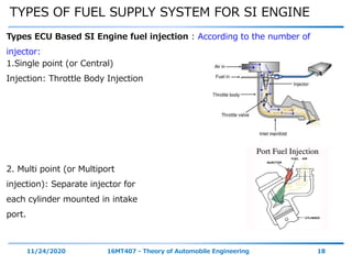 TYPES OF FUEL SUPPLY SYSTEM FOR SI ENGINE
11/24/2020 16MT407 - Theory of Automobile Engineering 18
Types ECU Based SI Engine fuel injection : According to the number of
injector:
1.Single point (or Central)
Injection: Throttle Body Injection
2. Multi point (or Multiport
injection): Separate injector for
each cylinder mounted in intake
port.
 