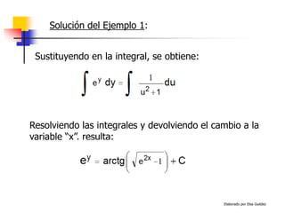 Elaborado por Elsa Guédez
Sustituyendo en la integral, se obtiene:
Resolviendo las integrales y devolviendo el cambio a la
variable “x”, resulta:
Solución del Ejemplo 1:
 