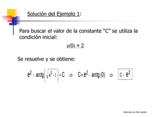 Elaborado por Elsa Guédez
Para buscar el valor de la constante “C” se utiliza la
condición inicial:
Se resuelve y se obtiene:
Solución del Ejemplo 1:
 