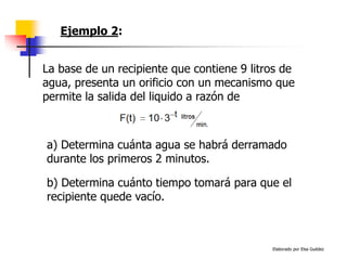 Elaborado por Elsa Guédez
La base de un recipiente que contiene 9 litros de
agua, presenta un orificio con un mecanismo que
permite la salida del liquido a razón de
Ejemplo 2:
a) Determina cuánta agua se habrá derramado
durante los primeros 2 minutos.
b) Determina cuánto tiempo tomará para que el
recipiente quede vacío.
 