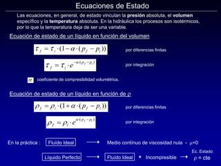 Ecuaciones de Estado
Las ecuaciones, en general, de estado vinculan la presión absoluta, el volumen
específico y la temperatura absoluta. En la hidráulica los procesos son isotérmicos,
por lo que la temperatura deja de ser una variable.
Ecuación de estado de un líquido en función del volumen
Ecuación de estado de un líquido en función de r
coeficiente de compresibilidad volumétrica.

  
f i f i
p p
    
( ( ))
1 por diferencias finitas
r r 
f i f i
p p
    
( ( ))
1 por diferencias finitas
En la práctica :
  
f i
p p
e f i
 
  
( )
por integración
r r

f i
p p
e f i
 
 
( )
por integración
Fluído Ideal Medio contínuo de viscosidad nula - m=0
Líquido Perfecto Fluído Ideal + Incompresible r = cte
Ec. Estado
 