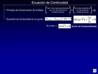 Ecuación de Continuidad
Principio de Conservación de la Masa
Ecuación de Continuidad en un punto : ( )
m m m
saliente entrante i
  
 0
miinicial
mifinal
mentrante
msaliente
 

    


    
( )
r r
v
dy dx dz dt
t
dt dx dy dz
y
0
r
r
r r
r
r
    
 

             


        
v dx dz dt
v
dy dx dz dt v dx dz dt dx dy dz
t
dt dx dy dz dx dy dz
( )
y
0
Análisis según el eje y
Simplificando (según el eje y)
Extendiendo a los demás ejes y eliminando los diferenciales
 


 


 





( ) ( ) ( )
r r r r
u v w
t
x y z
0 div V
t
( )
r
r
 




0
o bien
Cant. neta masa que atraviesa
sup. vol. de control en la
unidad de tiempo
Var.masa contenida en
vol. de control en
unidad de tiempo
+ =0
div V
t
( )
r
r
 




0
( )
m m m
saliente entrante i
  
 0
Si r=cte  0
)
( 
V
div (Cond. de Compresibilidad)
 