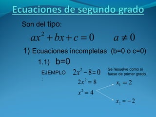 Son del tipo:
002
≠=++ acbxax
1) Ecuaciones incompletas (b=0 o c=0)
1.1) b=0
EJEMPLO
:
082 2
=−x
Se resuelve como si
fuese de primer grado
4
82
2
2
=
=
x
x 21 =x
22 −=x
 