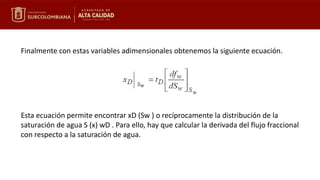 Finalmente con estas variables adimensionales obtenemos la siguiente ecuación.
Esta ecuación permite encontrar xD (Sw ) o recíprocamente la distribución de la
saturación de agua S (x) wD . Para ello, hay que calcular la derivada del flujo fraccional
con respecto a la saturación de agua.
 