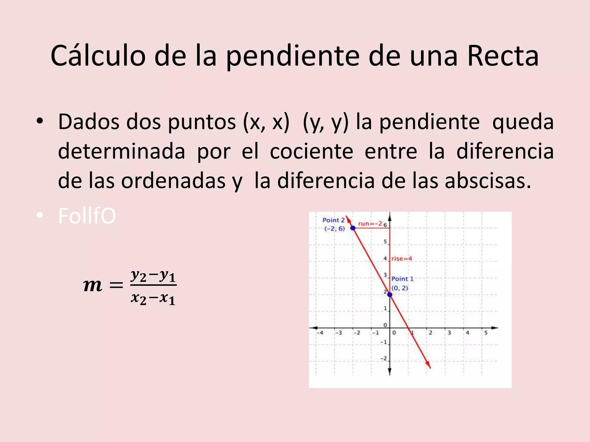 Cálculo de la pendiente de una Recta
• Dados dos puntos (x, x) (y, y) la pendiente queda
determinada por el cociente entre la diferencia
de las ordenadas y la diferencia de las abscisas.
• FollfO
풎 =
풚ퟐ−풚ퟏ
풙ퟐ−풙ퟏ