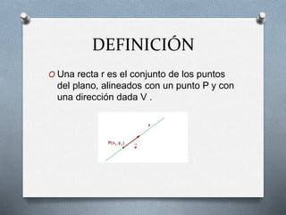 DEFINICIÓN
O Una recta r es el conjunto de los puntos
del plano, alineados con un punto P y con
una dirección dada V .