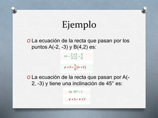 Ejemplo
O La ecuación de la recta que pasan por los
puntos A(-2, -3) y B(4,2) es:
O La ecuación de la recta que pasan por A(-
2, -3) y tiene una inclinación de 45° es: