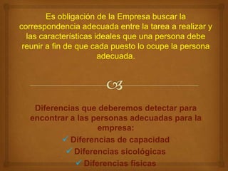 Es obligación de la Empresa buscar la
correspondencia adecuada entre la tarea a realizar y
  las características ideales que una persona debe
 reunir a fin de que cada puesto lo ocupe la persona
                       adecuada.




   Diferencias que deberemos detectar para
  encontrar a las personas adecuadas para la
                   empresa:
           Diferencias de capacidad
            Diferencias sicológicas
              Diferencias físicas
 
