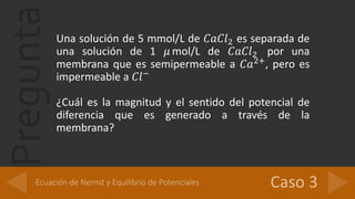 PreguntaUna solución de 5 mmol/L de 𝐶𝑎𝐶𝑙2 es separada de
una solución de 1 𝜇 mol/L de 𝐶𝑎𝐶𝑙2 por una
membrana que es semipermeable a 𝐶𝑎2+
, pero es
impermeable a 𝐶𝑙−
¿Cuál es la magnitud y el sentido del potencial de
diferencia que es generado a través de la
membrana?
 