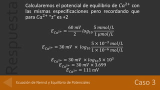 Respuesta
Calcularemos el potencial de equilibrio de 𝐶𝑎2+
con
las mismas especificaciones pero recordando que
para 𝐶𝑎2+
“z” es +2
𝐸 𝐶𝑎2+ =
60 𝑚𝑉
2
𝑙𝑜𝑔10
5 𝑚𝑚𝑜𝑙/𝐿
1 𝜇𝑚𝑜𝑙/𝐿
𝐸 𝐶𝑎2+ = 30 𝑚𝑉 × 𝑙𝑜𝑔10
5 × 10−3 𝑚𝑜𝑙/𝐿
1 × 10−6 𝑚𝑜𝑙/𝐿
𝐸 𝐶𝑎2+ = 30 𝑚𝑉 × 𝑙𝑜𝑔105 × 103
𝐸 𝐶𝑎2+ = 30 𝑚𝑉 × 3.699
𝐸 𝐶𝑎2+ = 111 mV
Ecuación de Nernst y Equilibrio de Potenciales
 