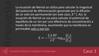 Respuesta La ecuación de Nernst se utiliza para calcular la magnitud
del potencial de diferenciación generado por la difusión
de un solo ion permanente (en este caso, 𝐾+
). Así, la
ecuación de Nernst se usa para calcular el potencial de
equilibrio de un ion por una diferencia de concentración a
través de la membrana, asumiendo que la membrana es
permeable solo a ese ion.
𝐸 = −
2.3 𝑅𝑇
𝑧 𝐹
𝑙𝑜𝑔10
[𝐶1]
[𝐶2]
 