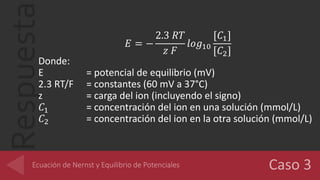 Respuesta 𝐸 = −
2.3 𝑅𝑇
𝑧 𝐹
𝑙𝑜𝑔10
[𝐶1]
[𝐶2]
Donde:
E = potencial de equilibrio (mV)
2.3 RT/F = constantes (60 mV a 37°C)
z = carga del ion (incluyendo el signo)
𝐶1 = concentración del ion en una solución (mmol/L)
𝐶2 = concentración del ion en la otra solución (mmol/L)
 