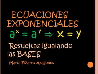 ECUACIONES
EXPONENCIALES
a =a ⇒x=y
   x          y

 Resueltas igualando
las BASES
María Pizarro Aragonés
 