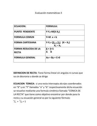 Evaluación matemáticas 3<br />ECUACION:FORMULA:PUNTO  PENDIENTEY-Y1=M(X-X2)FORMULA COMUNY=M  x + bFORMA CARTESIANAY-Y1= (Y1 – Y2)   (X – X1)              X1 – X2     FORMA REDUCIDA DE LA RECTA X + Y=1A     B   FORMULA GENERALAx + By + C=0<br />DEFINICION DE RECTA: Tiene forma lineal sin angulos ni curvas que va sin desviarse a donde se dirige<br />ECUACION  TONICA:  si una recta intercepta alo ejes coordenados en “X” y en “Y” llamados “a” y “b” respectivamente dicha ecuación se resuelve mediante una formula simétrica llamada “CONICA DE LA RECTA” que tiene como objetivo encontrar por donde pasa la recta y su ecuación general va por la siguiente fórmula:<br />x/a   +  y/b = 1<br />RESUELVE LOS SIGUIENTES PROBLEMAS<br />Hallar la ecuación de la recta que pasa por la ecuación (-6,5) y que tiene como pendiente m=2/3  grafícala y muestra la formula y desarrolla el problema.<br />R = y-y1=m(x-x1)<br />y - 5 = 2/3  x –( -6)<br />y - 5 = 2/3 (x + 6)<br />3(y - 5) = 2(x + 6)<br />3y -15 =2x + 12<br />2x -3y +27 = 0<br />Halla la ecuación de la recta que pasa por los puntos M(-1,3) y N(2,6) grafícala, muestra la formula y desarrolla el problema.<br />      R= y-y1= (y1 – y2)   (x – x1)          3x +3y +12 = 0<br />                 x1 – x2     <br />y – 3 =   3 – 6       x – (-1)<br />             -1 – 2 <br />       y – 3 =   3      (x +1)<br />             -3<br />-3(y – 3) = 3(x +1)<br />-3y +9 = 3x +3<br />Encuentra la ecuación de la recta que pasa por los puntos (7) y (-5) respectivamente grafica muestra la formula y desarrolla el problema.<br />         X + Y=1<br />A     B   5x +7y -35 = 0<br />x + y = 1<br />7   -5<br />-5x – 7y =  1<br />    -35<br />      -5x - 7y = 1(-35)<br />-893445-412115<br />-672465-412115<br />-139065-465455<br />