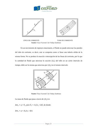 Página 23
Fuente: Física Vectorial 2 de Vallejo Zambrano
En un movimiento de régimen estacionario, el fluido no puede atravesar las paredes
del tubo de corriente, es decir, este se comporta como si fuese una tubería sólida de la
misma forma. No se produce la mezcla o intercepción de las líneas de corriente, por lo que
la cantidad de fluido que atraviesa la sección del tubo en un cierto intervalo de
tiempo, debe ser la misma que atraviesa por en el mismo intervalo.
Fuente: Física Vectorial 2 de Vallejo Zambrano
La masa de fluido que pasa a través de
, pero , de donde:
LÍNEA DE CORRIENTE TUBO DE CORRIENTE
 
