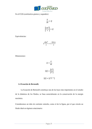Página 25
En el CGS (centímetros gramos y segundos):
Equivalencias:
Dimensiones:
1.4 Ecuación de Bernoulli.
La Ecuación de Bernoulli constituye una de las leyes más importantes en el estudio
de la dinámica de los fluidos, se basa esencialmente en la conservación de la energía
mecánica.
Consideremos un tubo de corriente estrecho, como el de la figura, por el que circula un
fluido ideal en régimen estacionario:
 