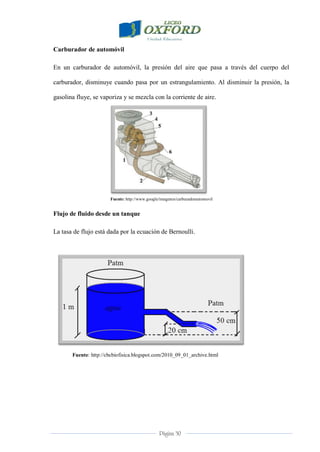 Página 30
Carburador de automóvil
En un carburador de automóvil, la presión del aire que pasa a través del cuerpo del
carburador, disminuye cuando pasa por un estrangulamiento. Al disminuir la presión, la
gasolina fluye, se vaporiza y se mezcla con la corriente de aire.
Fuente: http://www.google/imagenes/carburadorautomovil
Flujo de fluido desde un tanque
La tasa de flujo está dada por la ecuación de Bernoulli.
Fuente: http://cbcbiofisica.blogspot.com/2010_09_01_archive.html
 