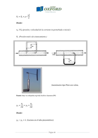 Página 44
Donde:
Y (presión y velocidad de la corriente in-perturbada o inicial.)
(Presión total o de estancamiento.)
Fuente: Neumática, Hidráulica y Electricidad aplicada. José Roldán Viloria
Anemómetro tipo Pitot con veleta.
Fuente: http://es.wikipedia.org/wiki/Archivo:Anemom.JPG
Donde:
(Lectura en el tubo piezométrico)
 