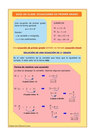 EJEMPLOS
a) 2 0x + =
b) 3 1 0x - =
c) 4 12 0x- + =
d) 6 10 0x- - =
Una ecuación de primer grado también es llamada ecuación lineal.
SOLUCIÓN DE UNA ECUACIÓN DE 1° GRADO
Forma de resolver una ecuación
La idea es despejar la variable. Veamos algunos ejemplos:
a) 2 0x - =
b) 2 5 11x + =
c)
Profesor Iván Villanueva Cueva
Una ecuación de primer grado
tiene la forma general:
a x + b = 0
Siendo:
- x la variable o incógnita.
- a y b los coeficientes.
GUÍA DE CLASE: ECUACIONES DE PRIMER GRADO
Es el valor numérico de la variable que hace que la igualdad se
cumpla. A este valor se le llama raíz.
-2 pasa como +2
0 2x = +
2x =
+5 pasa como -5
3x =
2 6x =
2 pasa a dividir
6
2
x =
1 4
3
m
- =
-1 pasa como +1 5
3
m
=
4 1
3
m
= +
2 11 5x = -
5 3m = ´
15m =
 