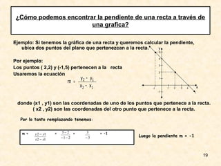 ¿Cómo podemos encontrar la pendiente de una recta a través de
                       una grafica?

Ejemplo: Si tenemos la gráfica de una recta y queremos calcular la pendiente,
   ubica dos puntos del plano que pertenezcan a la recta.    y
                                                            •    5

                                                                4
Por ejemplo:
                                                                3
Los puntos ( 2,2) y (-1,5) pertenecen a la recta
Usaremos la ecuación                                            2        •
                                y2 - y1                          1
                          m =
                                x2 - x1                    -1        1   2   3   4   x
                                                                -1                   L



 donde (x1 , y1) son las coordenadas de uno de los puntos que pertenece a la recta.
       ( x2 , y2) son las coordenadas del otro punto que pertenece a la recta.

   Por lo tanto remplazando tenemos:


   m =   y 2 − y1   =   5−2 =     3       = -1
                        −1− 2     −3                 Luego la pendiente m = -1
         x 2 − x1



                                                                                         19
 