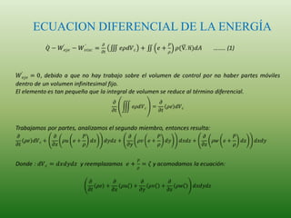 ECUACION DIFERENCIAL DE LA ENERGÍA 𝑄−𝑊𝑒𝑗𝑒−𝑊𝑣𝑖𝑠𝑐=𝜕𝜕𝑡𝑒𝜌𝑑𝑉𝑐+𝑒+𝑃𝜌𝜌(V.𝑛)𝑑𝐴…….. (1)   𝑊𝑒𝑗𝑒=0, debido a que no hay trabajo sobre el volumen de control por no haber partes móviles dentro de un volumen infinitesimal fijo. El elemento es tan pequeño que la integral de volumen se reduce al término diferencial. 𝜕𝜕𝑡𝑒𝜌𝑑𝑉𝑐=𝜕𝜕𝑡𝜌𝑒𝑑𝑉𝑐 Trabajamos por partes, analizamos el segundo miembro, entonces resulta: 𝜕𝜕𝑡𝜌𝑒𝑑𝑉𝑐+𝜕𝜕𝑥𝜌𝑢𝑒+𝑃𝜌𝑑𝑥𝑑𝑦𝑑𝑧+𝜕𝜕𝑦𝜌𝑣𝑒+𝑃𝜌𝑑𝑦𝑑𝑥𝑑𝑧+𝜕𝜕𝑧𝜌𝑤𝑒+𝑃𝜌𝑑𝑧𝑑𝑥𝑑𝑦  Donde :𝑑𝑉𝑐=𝑑𝑥𝑑𝑦𝑑𝑧y reemplazamos𝑒+𝑃𝜌=𝜁y acomodamos la ecuación: 𝜕𝜕𝑡𝜌𝑒+𝜕𝜕𝑥𝜌𝑢𝜁+𝜕𝜕𝑦𝜌𝑣𝜁+𝜕𝜕𝑧𝜌𝑤𝜁𝑑𝑥𝑑𝑦𝑑𝑧   