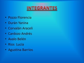 •   Pozzo Florencia
•   Durán Yanina
•   Corvalán Araceli
•   Cardozo Andrés
•   Avalo Belén
•   Rios Lucía
•   Agustina Barrios
 
