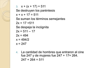 3. x + (x + 17) = 511
Se destruyen los paréntesis
x + x + 17 = 511
Se suman los términos semejantes
2x + 17 =511
Se despeja la incógnita
2x = 511 – 17
2x = 494
x = 494/2
x = 247
4. La cantidad de hombres que entraron al cine
fue 247 y de mujeres fue 247 + 17= 264.
247 + 264 = 511
 